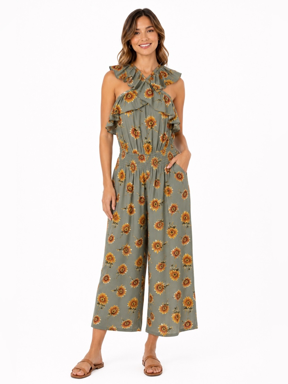 Sugar Lips Sunflower Ruffle Jumpsuit Sage‎ Green Orange Floral Wide Leg SZ M NWT